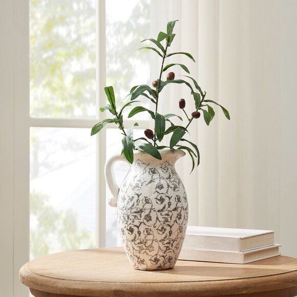 9" Ivory Ceramic Pitcher Vase - My Texas House - Scroll Pattern Farmhouse Decor - Picture 2 of 9